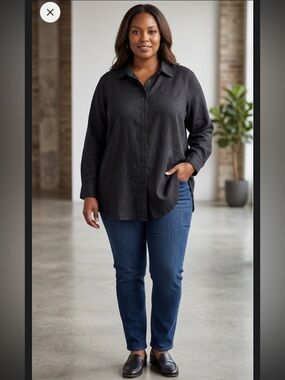 Chaps 100% Linen Shirt Women’s 3X Black Long Sleeve Button Up Lagenlook Coastal